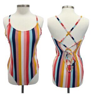 Kona Sol Women XL One Piece Swimsuit Multicolor Stripe Lace Up Back Summer Beach